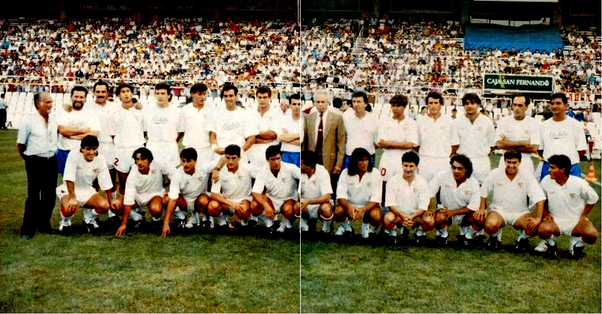 De pie: Leal (médico), cuidador, De la Fuente, Herrero, Unzué, Prieto, Monchi, Pascual, Turren (prep. físico), Luis Cuervas (presi), Espàrrago (entrenador), Carvajal, Salguero, Andrades, Rafa Paz, Pérez (masajista);
Agachados: Bengoechea, Serrano, Conte, Jiménez, Martagón, Ramón, Diego, Antoñito, Miguelo, Cortijo y Marcos.
